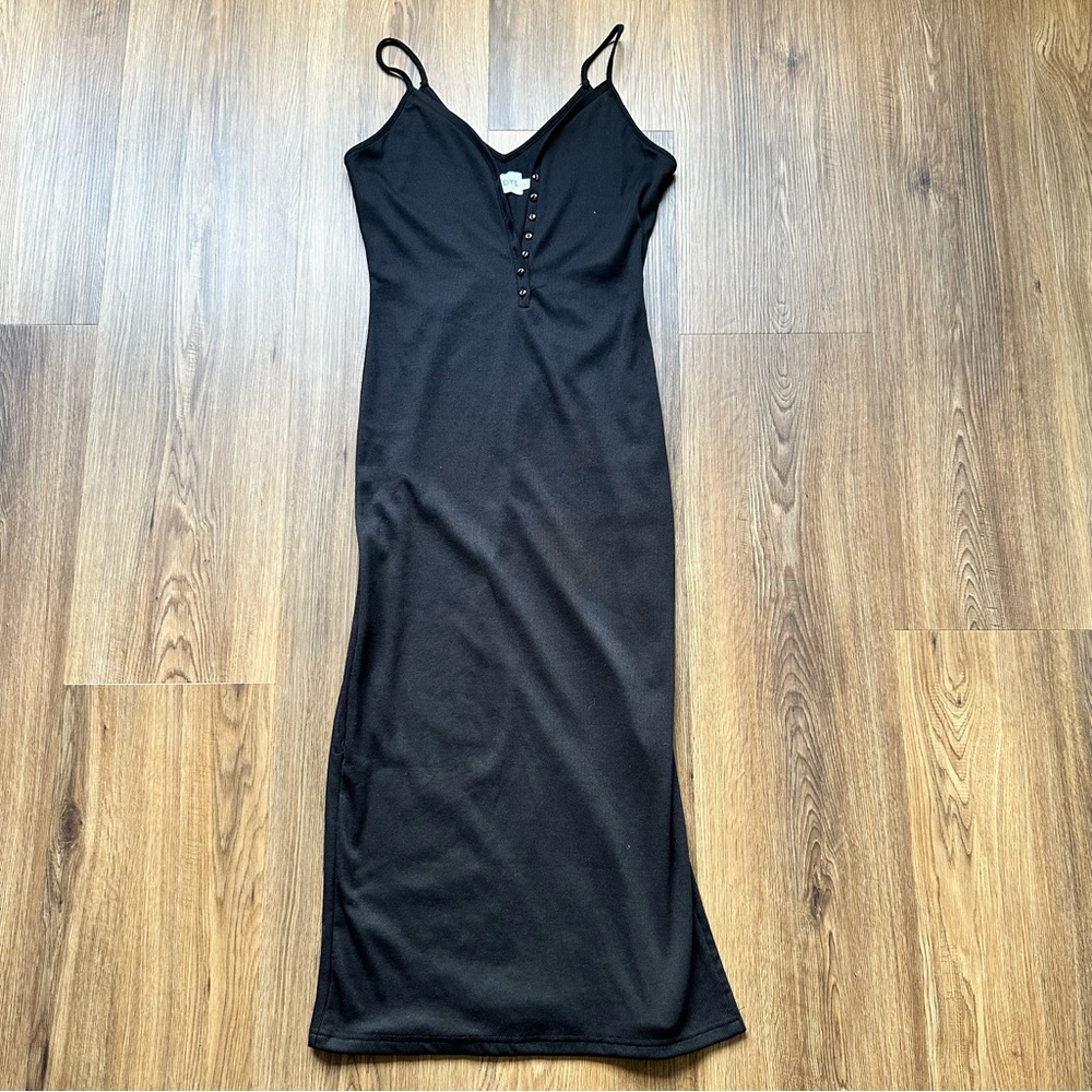 Classic Black Midi Slip Dress with Button Detail